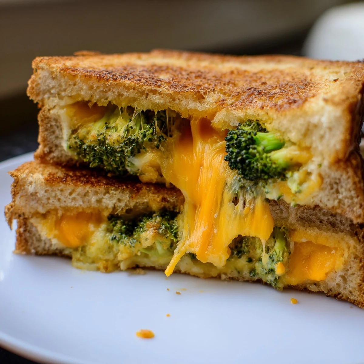 A close-up view of a crispy Roasted Broccoli & Cheddar Grilled Cheese, oozing with melted sharp cheddar and caramelized broccoli florets on golden sourdough bread.  