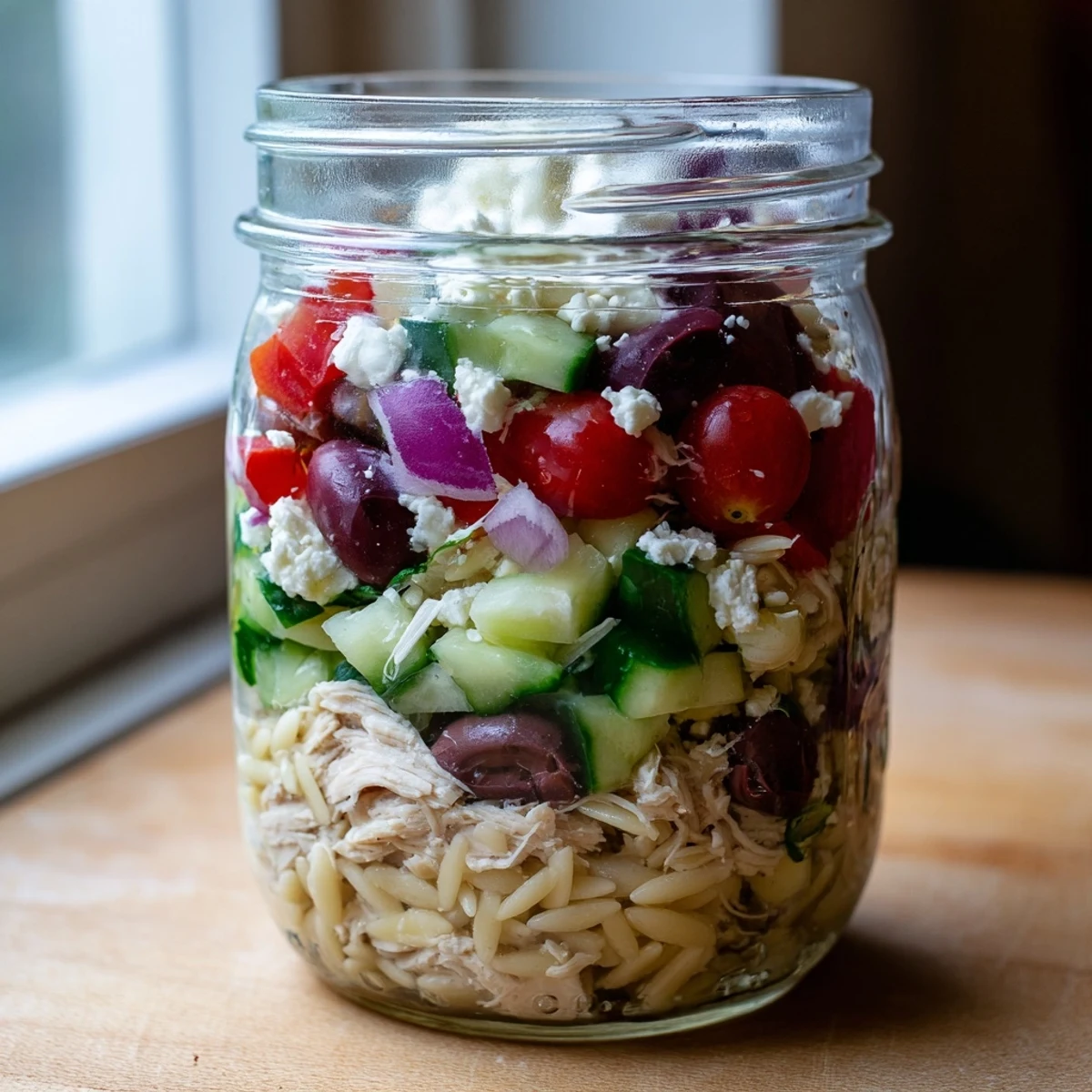 Clear view of Greek Pasta Chicken Salad Jars showing fresh red onion and cucumber over dressing, with orzo, chicken, and feta ready to shake.