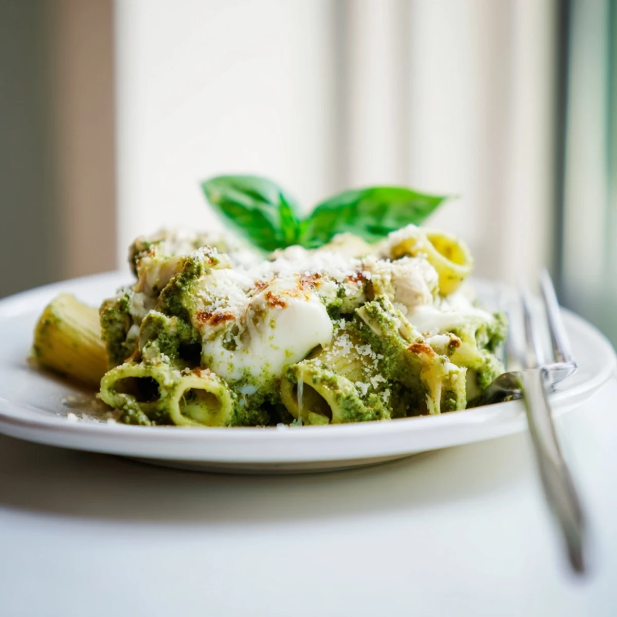 Tender chicken and penne coated in vibrant pesto and marinara sauce under a cheesy crust.