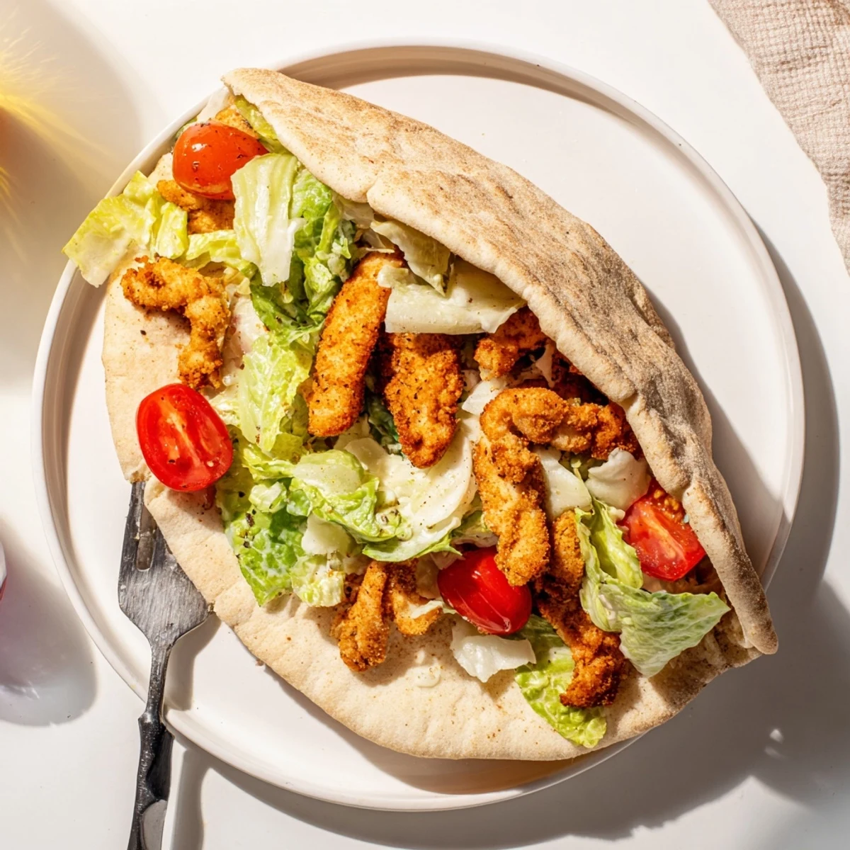 Golden-brown, herbed chicken cutlets nestled in warm pita pockets with crisp Caesar salad and shaved Parmesan.