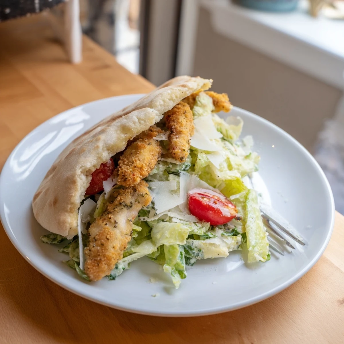 A close-up of crispy herbed chicken Caesar pitas, showcasing fresh romaine, creamy dressing, and lemon wedges.