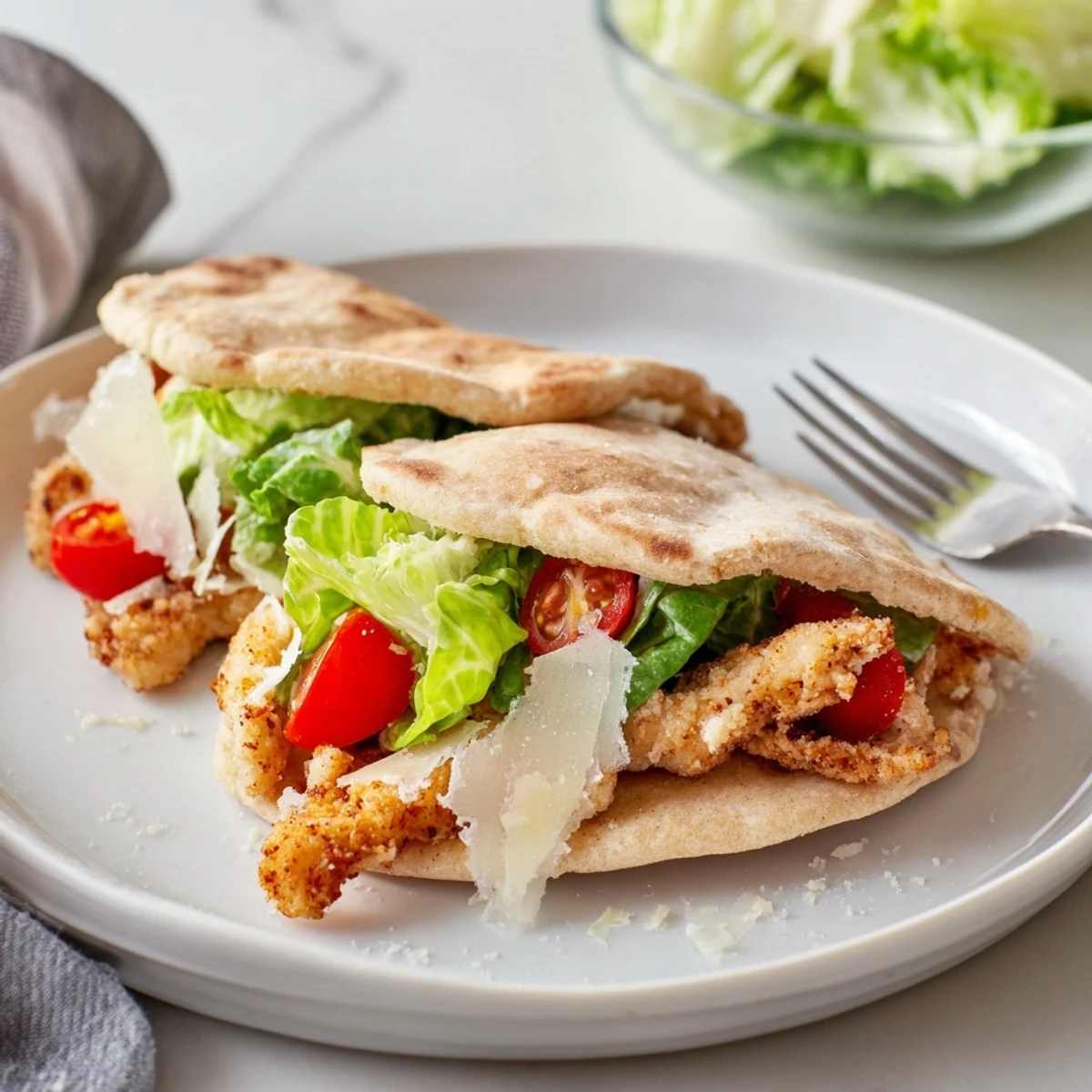 Freshly assembled herbed chicken Caesar pitas, filled with golden chicken strips and vibrant salad ingredients for a quick weeknight meal.