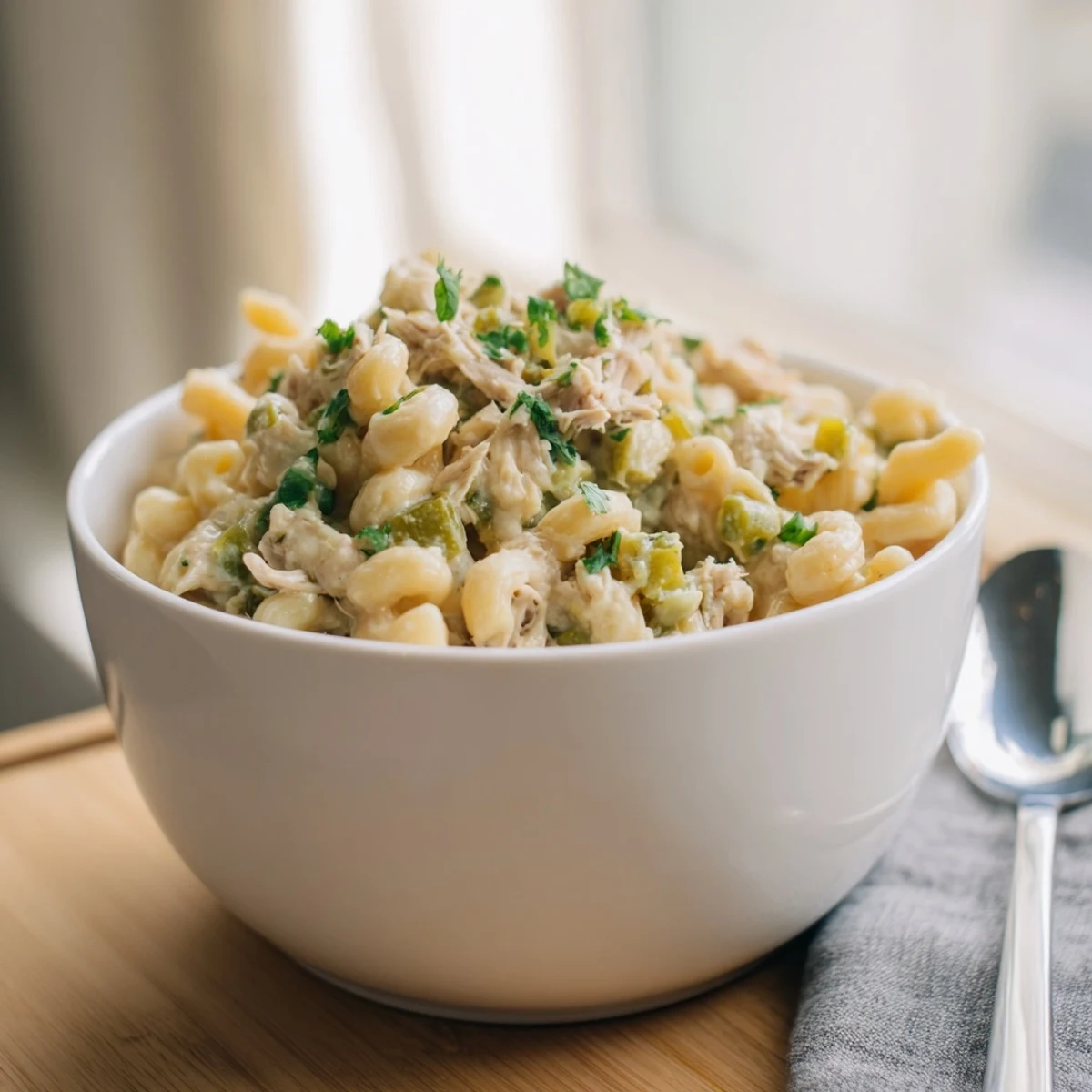 A warm skillet of Green Chili Chicken Mac served with fresh cilantro garnish and a side salad on the table.