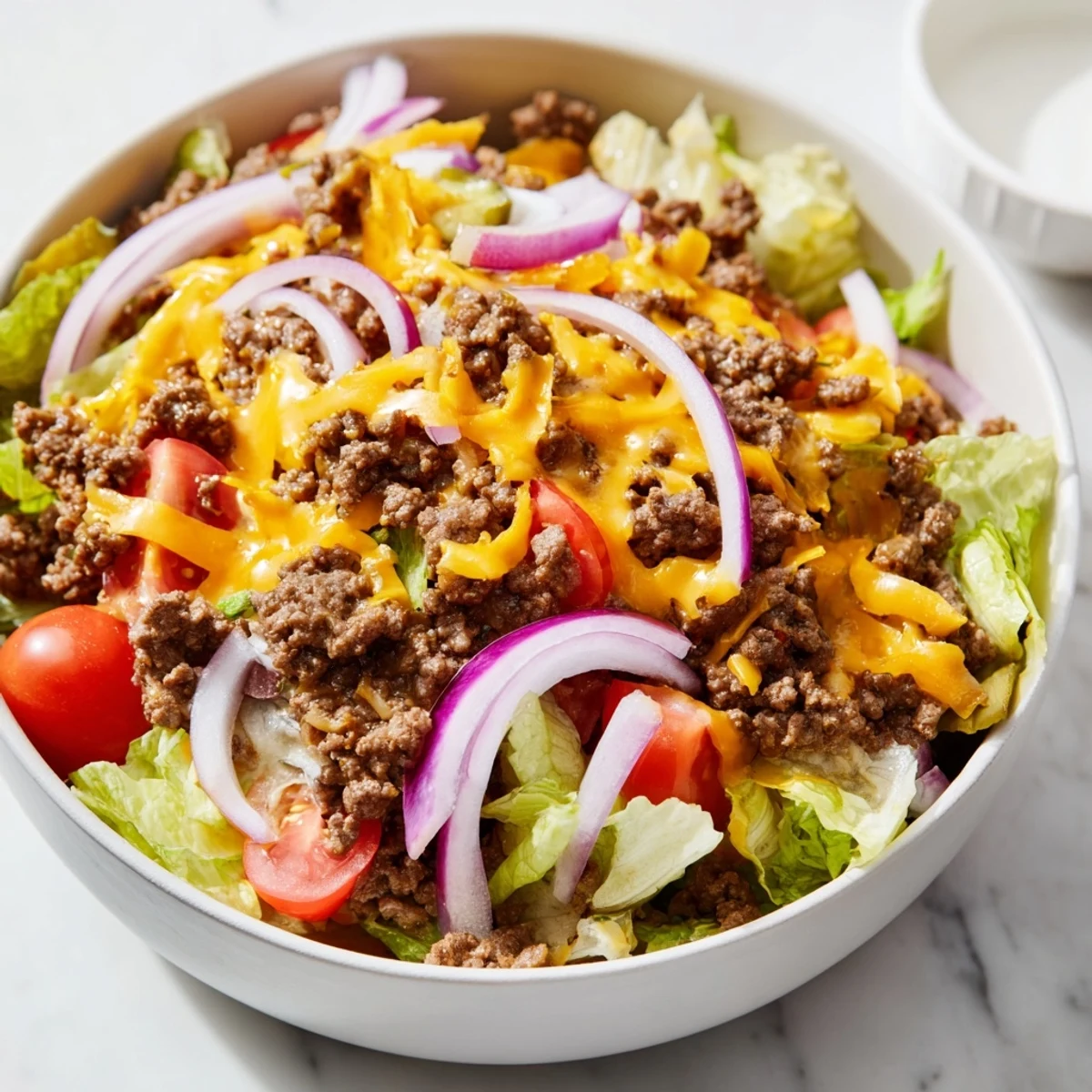 Close-up of a gluten-free Easy Big Mac in a Bowl with ground beef, cheddar, and vibrant toppings.  