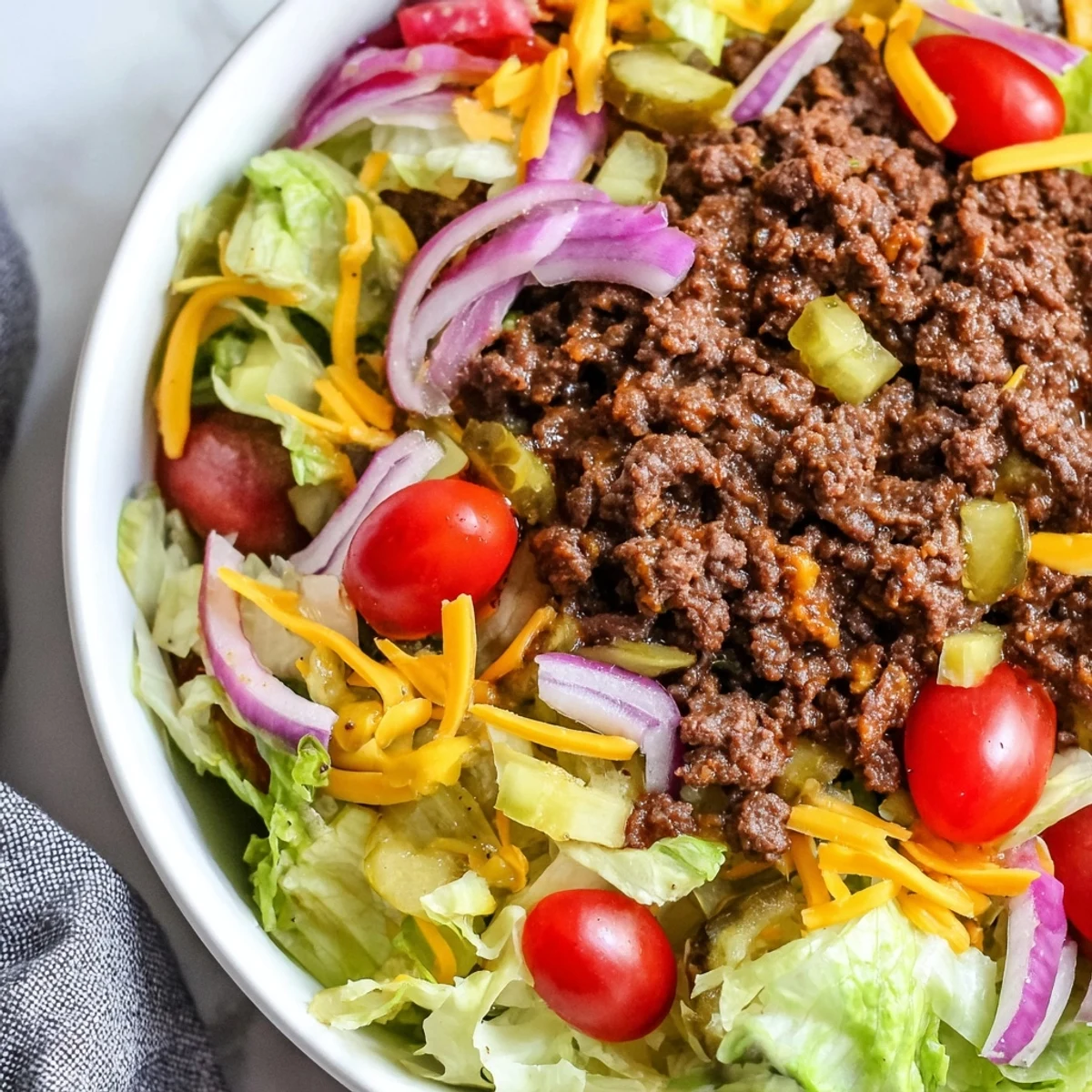 Colorful Easy Big Mac in a Bowl topped with tomatoes, onions, pickles, and melted cheddar.