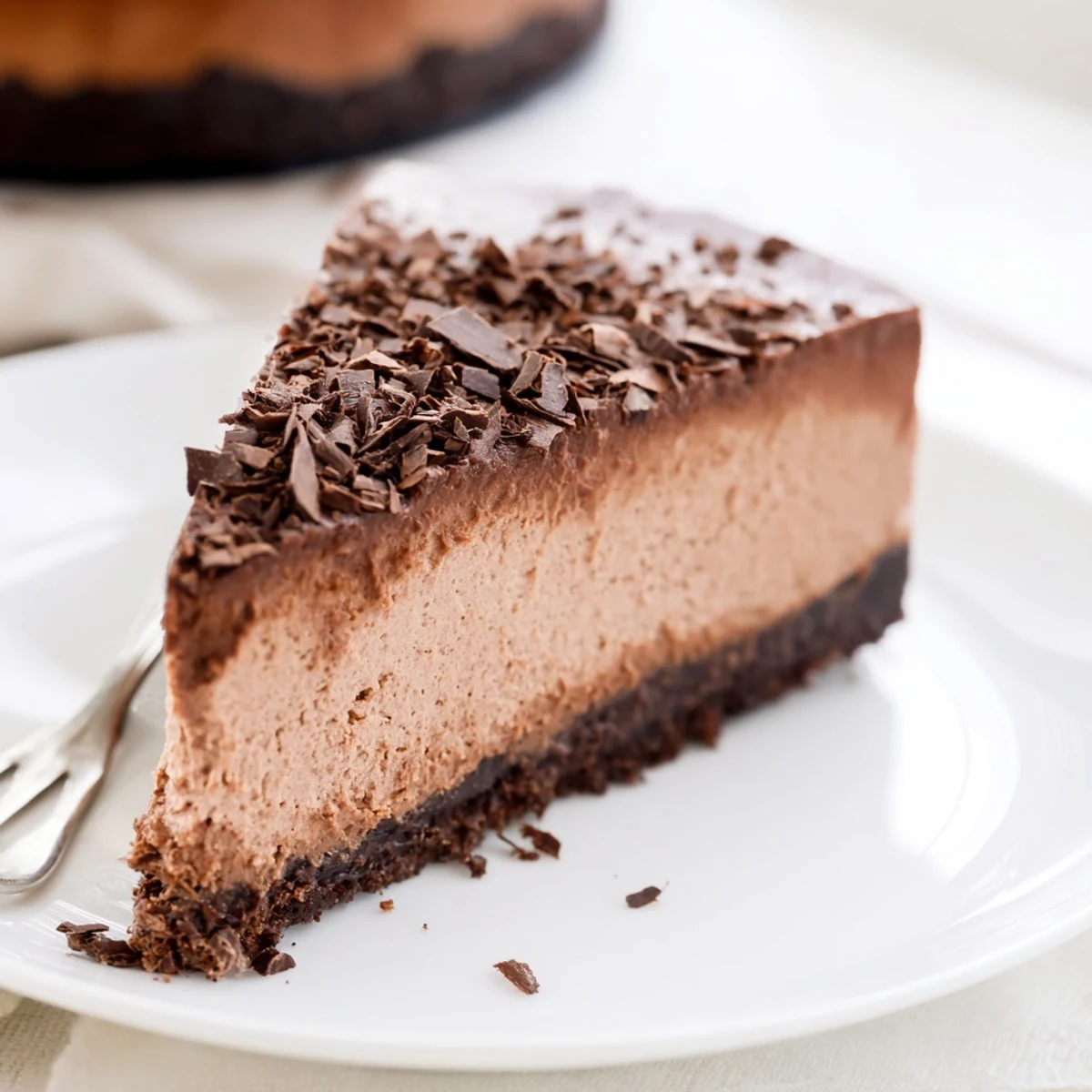 This Lighter Chocolate Cottage Cheese Cheesecake showcases a velvety, high-protein filling made from blended cottage cheese, topped with dark chocolate shavings on a rustic wooden table.
