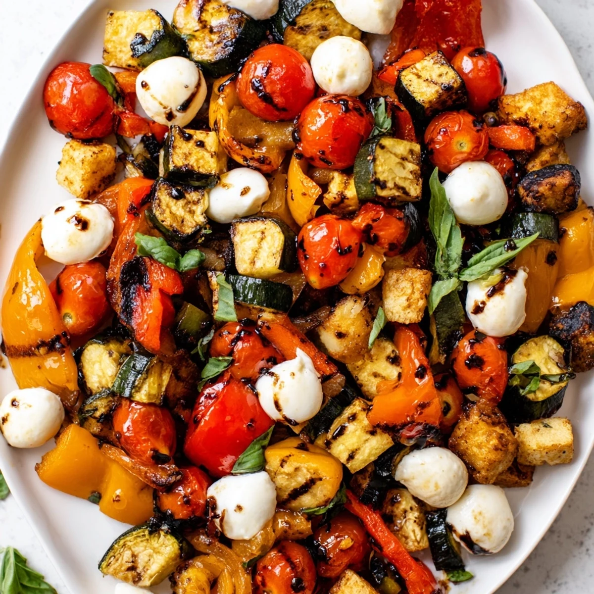 Golden roasted zucchini, bell peppers, and red onion mingle with creamy mozzarella pearls in this Roasted Veggie Caprese Salad, glistening with balsamic glaze on a white serving platter.