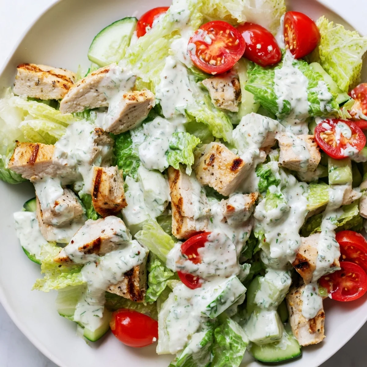 A vibrant bowl of Jalapeño Ranch Chicken Salad features juicy chopped chicken, crisp romaine, and fresh veggies drizzled with creamy, zesty dressing.  