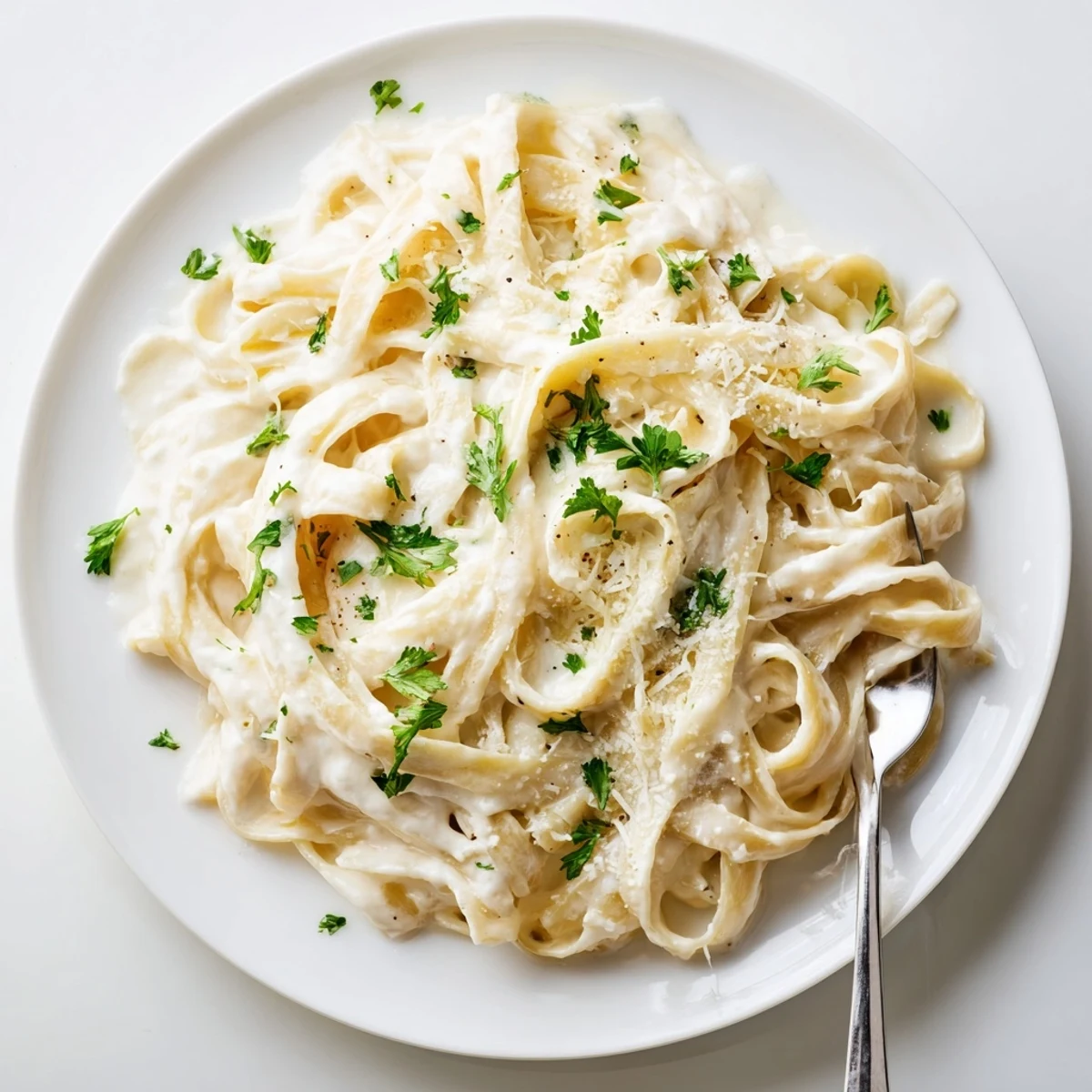 Steaming bowl of Easy Creamy Cauliflower Alfredo served with fresh parsley and a side salad, highlighting the light and healthy vegetarian comfort food.  