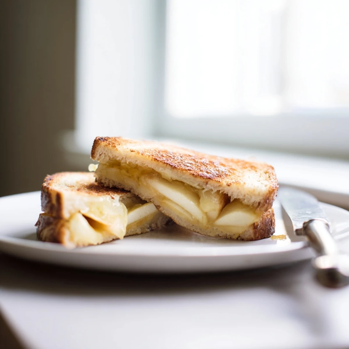 A gourmet smoked Gouda and apple grilled cheese is ready to be dipped in tomato soup.