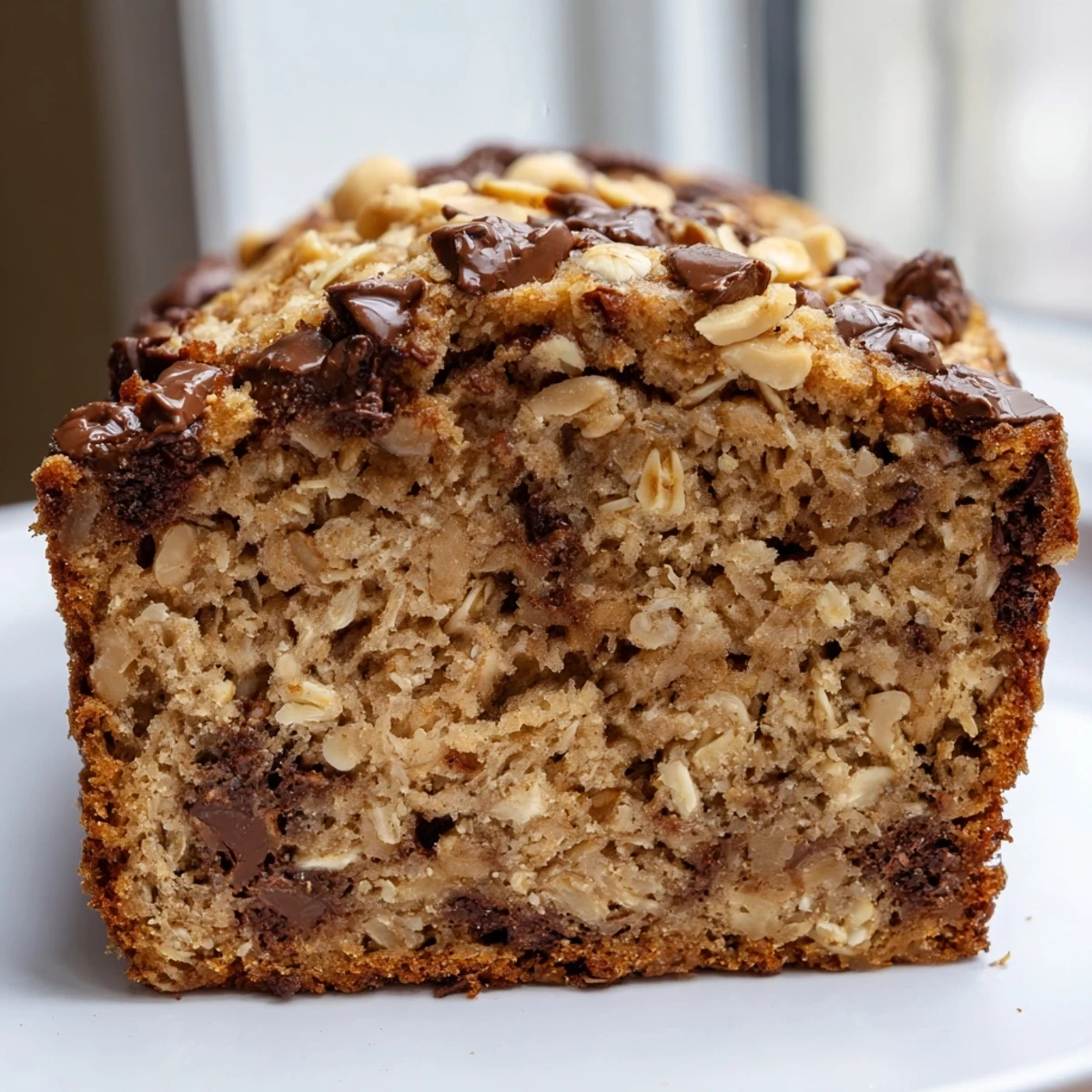 A golden-brown Chocolate Chip Peanut Butter Oatmeal Banana Bread loaf resting on a wooden board, garnished with oats and peanuts, perfect for breakfast or snack.