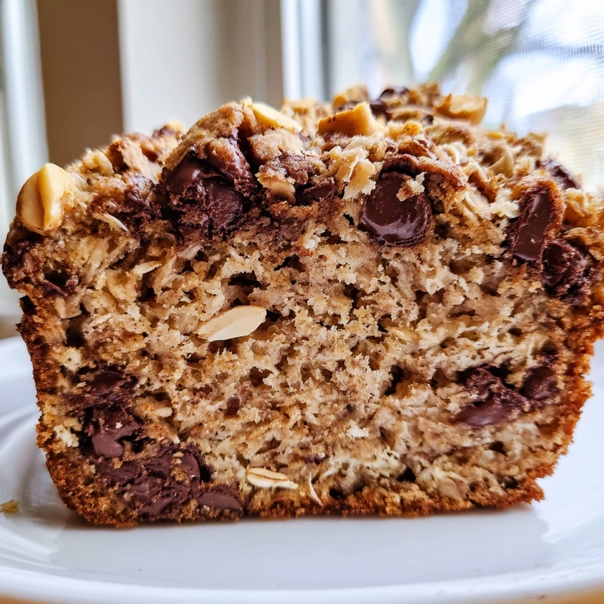 A close-up of Chocolate Chip Peanut Butter Oatmeal Banana Bread showing creamy peanut butter swirls, ripe banana texture, and chocolate chips melting into hearty oats.