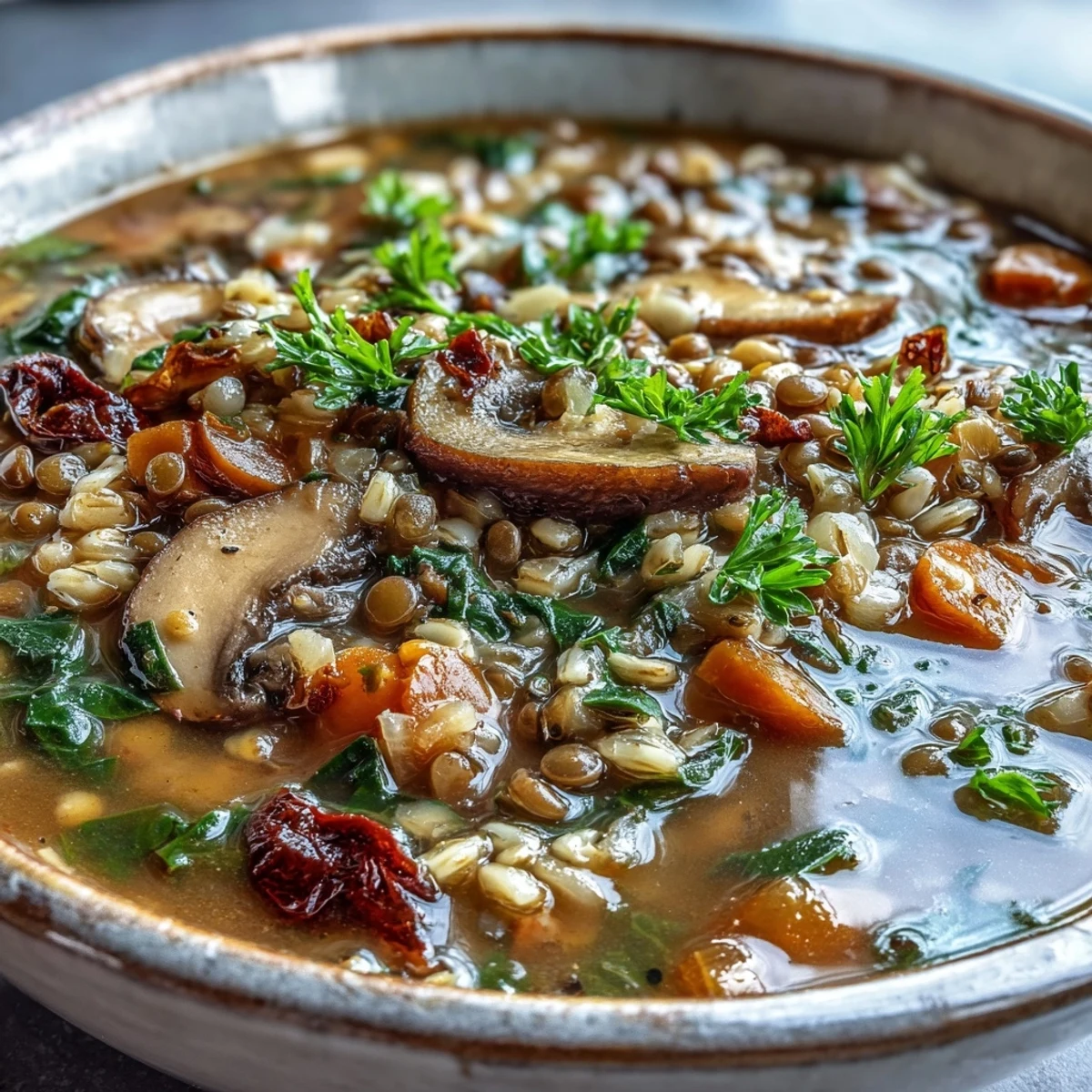 Steaming Double Lentil and Mushroom Barley Soup ladled into a rustic bowl.