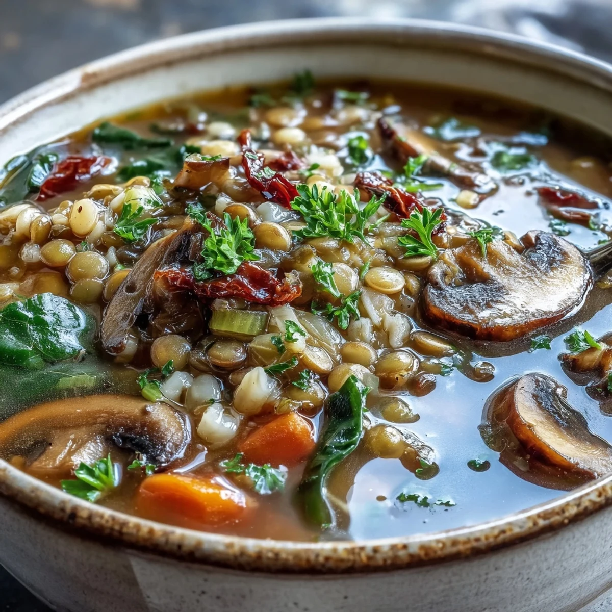 Close-up of Double Lentil and Mushroom Barley Soup garnished with fresh parsley.