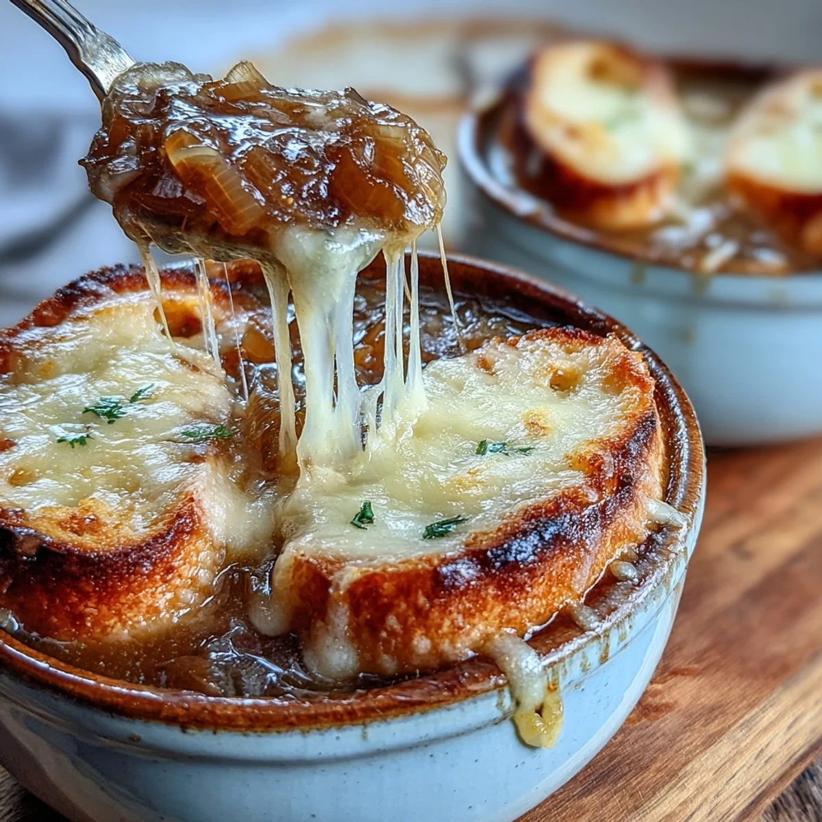 A bowl of French Onion Soup features a deep, amber broth with caramelized onions, crowned by a golden, bubbly layer of melted Gruyère cheese.