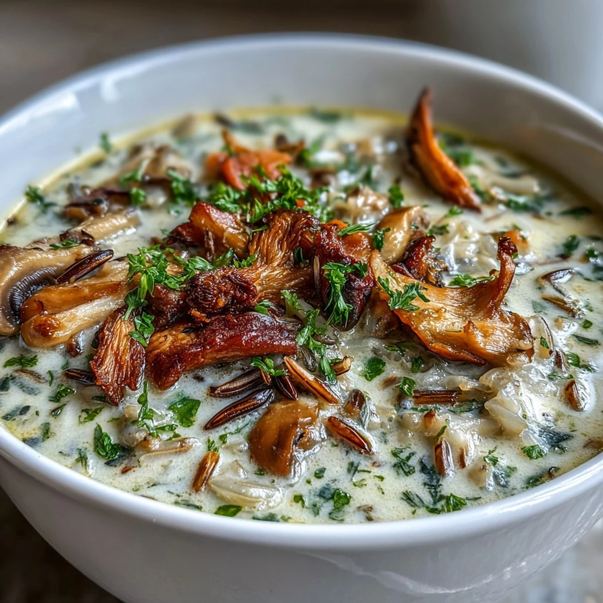 A close-up of creamy Wild Rice Mushroom Soup, with tender wild rice grains and sautéed mushrooms floating in a rich, velvety broth, garnished with fresh parsley.