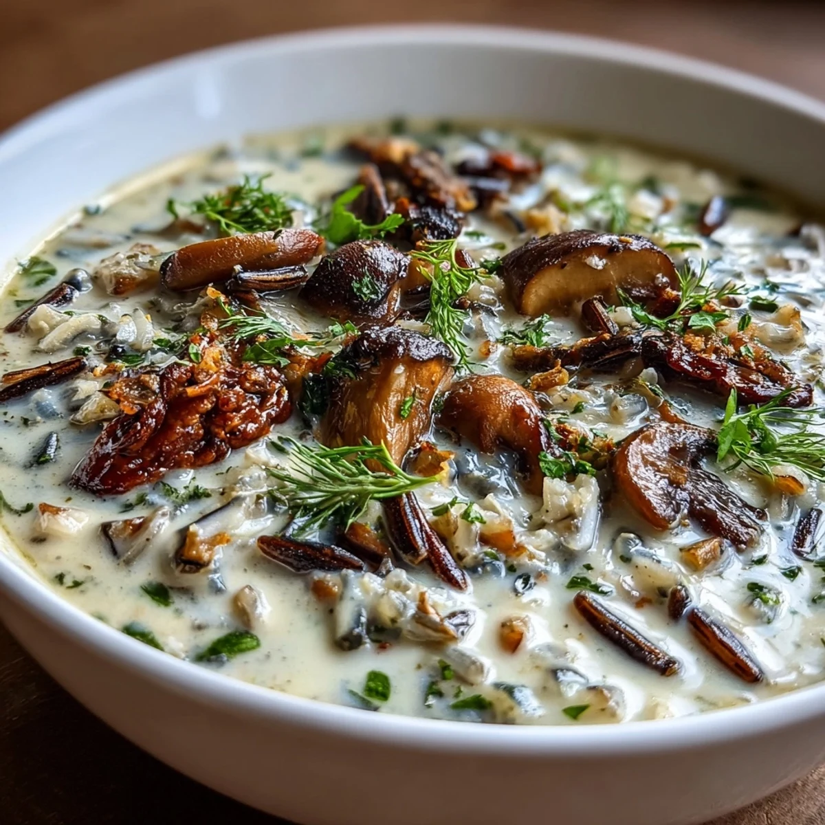 A warm bowl of homemade Wild Rice Mushroom Soup served alongside crusty artisan bread, perfect for a cozy autumn lunch or dinner.