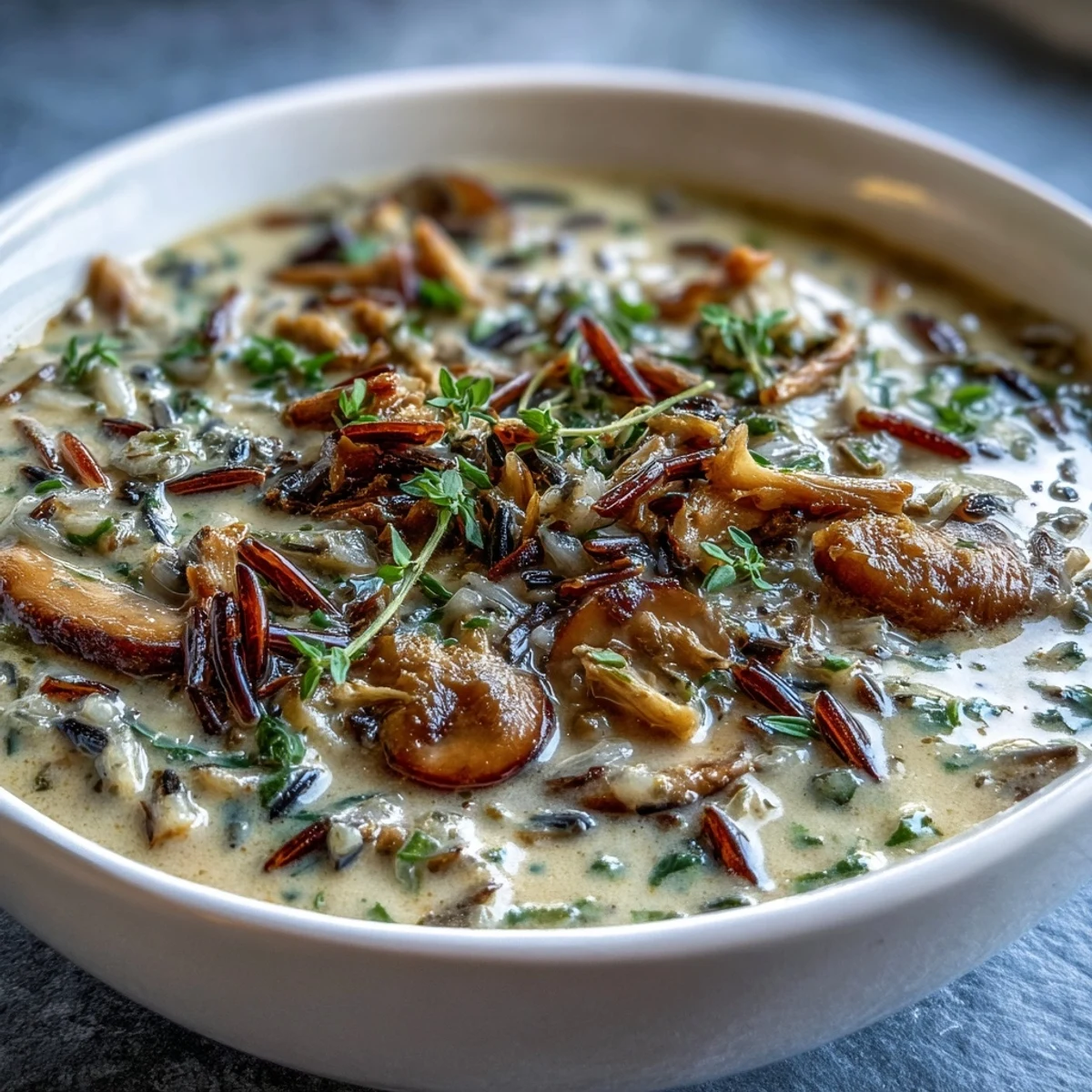 Steaming pot of hearty Wild Rice Mushroom Soup with visible chunks of carrots, celery, and fresh thyme, ready to be ladled into bowls.
