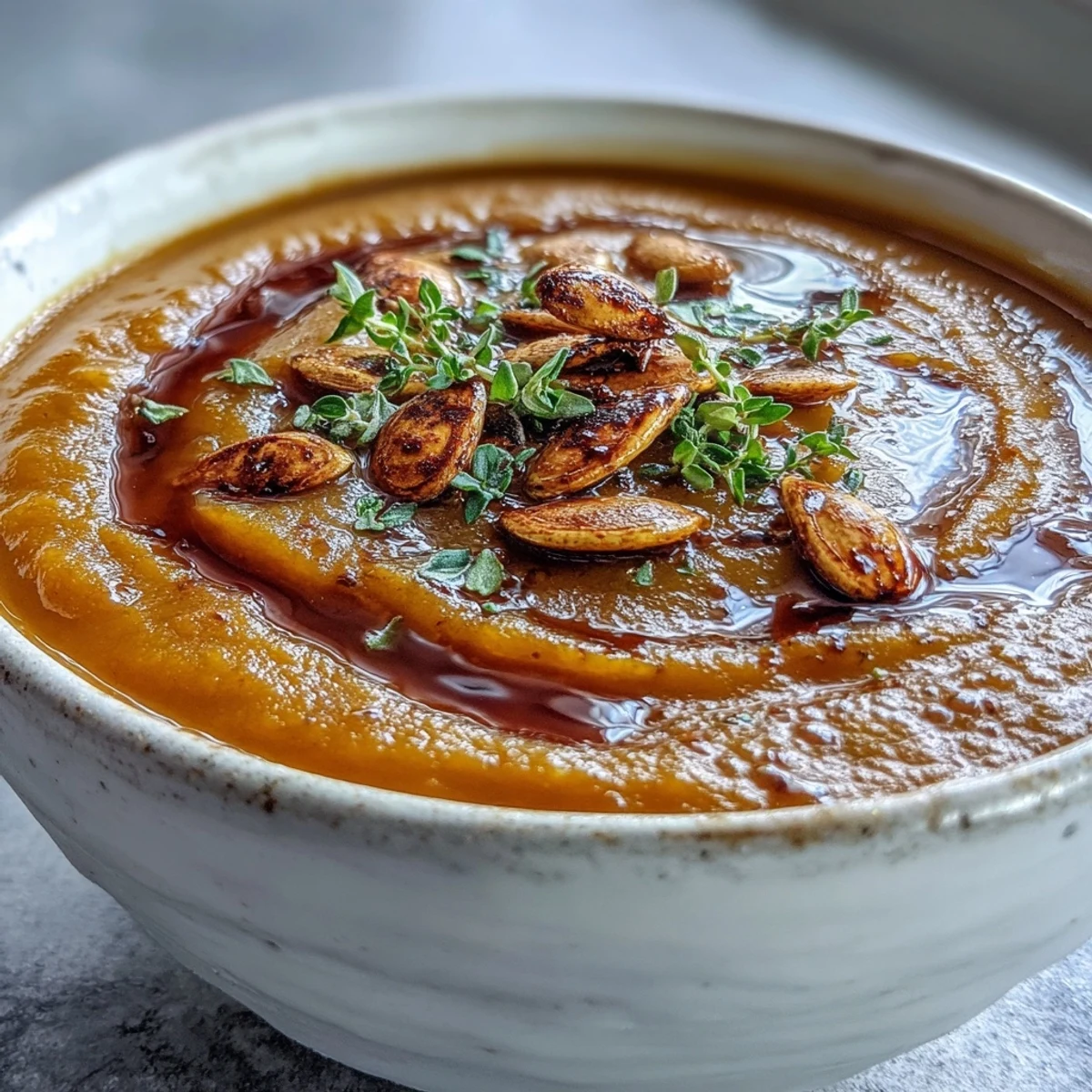 Creamy Butternut Squash Soup garnished with pumpkin seeds and thyme in a rustic bowl.