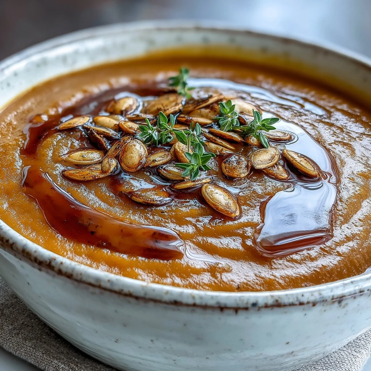 Close-up of warm Butternut Squash Soup topped with toasted seeds and a maple drizzle.