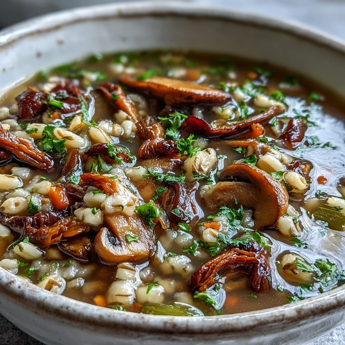 Steaming bowl of Mushroom Barley Soup, showcasing plump mushrooms and chewy pearl barley in a rich, savory broth.