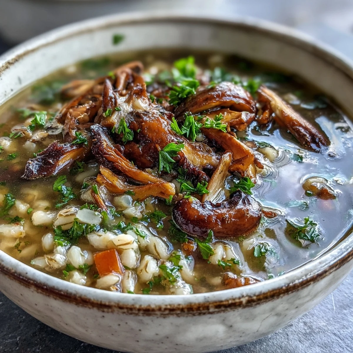 Freshly cooked Mushroom Barley Soup in a rustic pot, revealing tender vegetables and a robust, dark broth.