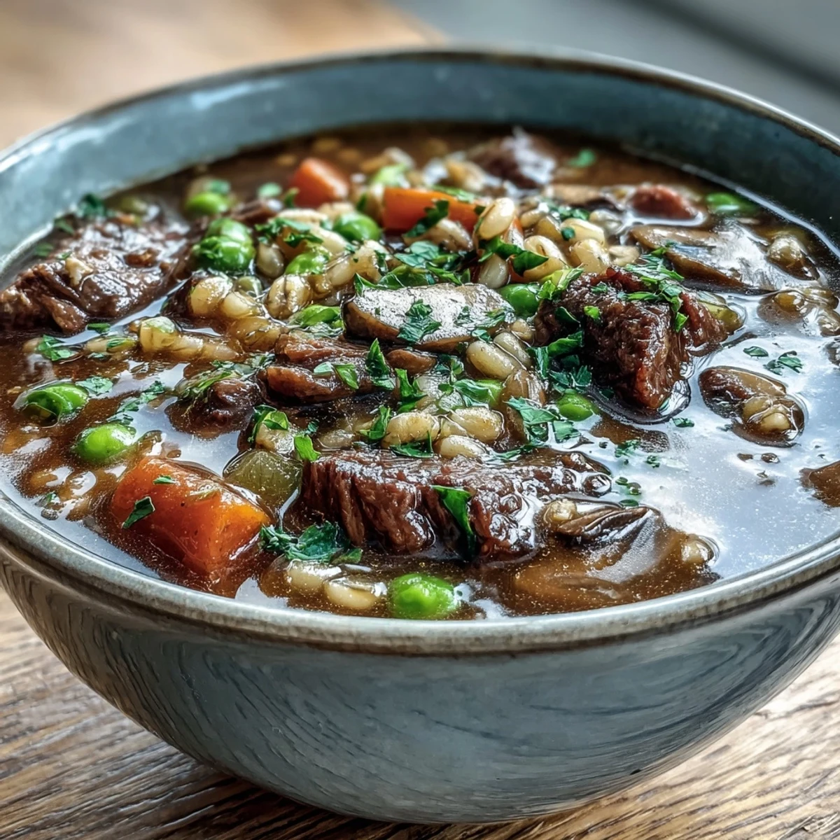 Steam rises from a bowl of hearty Beef and Barley Soup with tender beef and fresh vegetables.