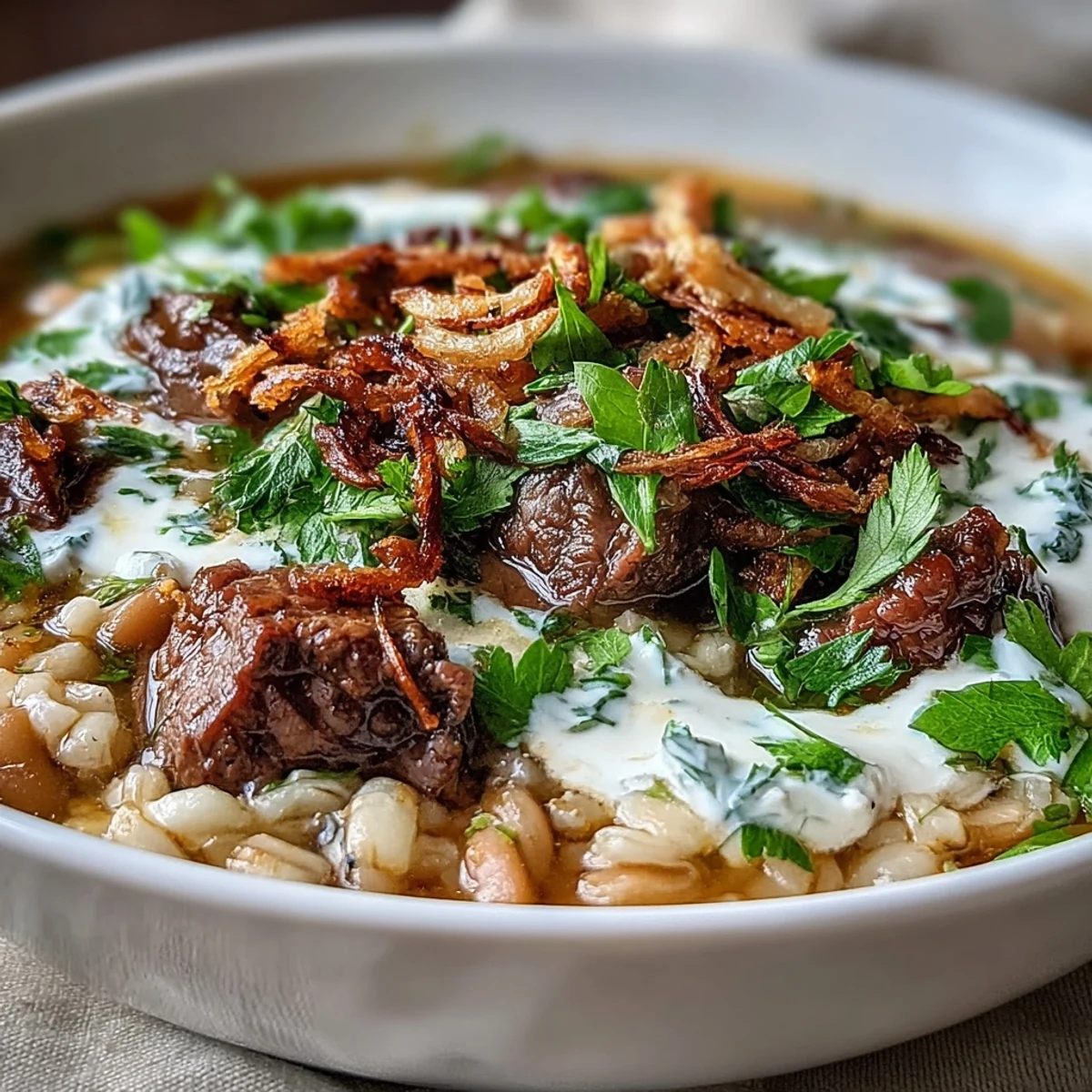 Creamy sour cream swirls into a bowl of hearty Persian beef barley soup, topped with crispy mint-fried onions.