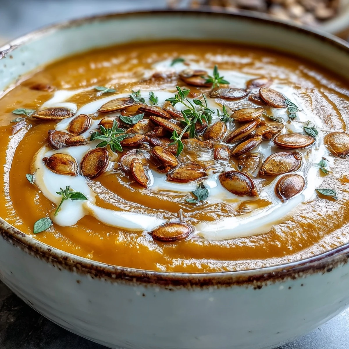 Golden bowls of roasted butternut squash soup garnished with pumpkin seeds and thyme.