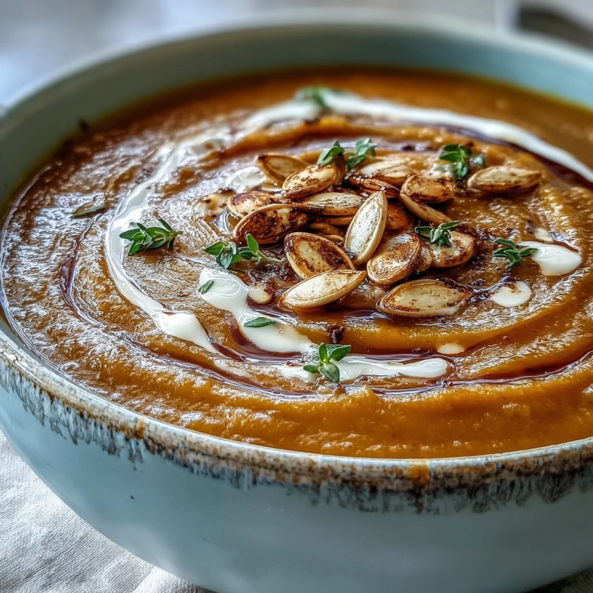 Cozy, steaming bowl of roasted butternut squash soup served with crusty bread on the side.