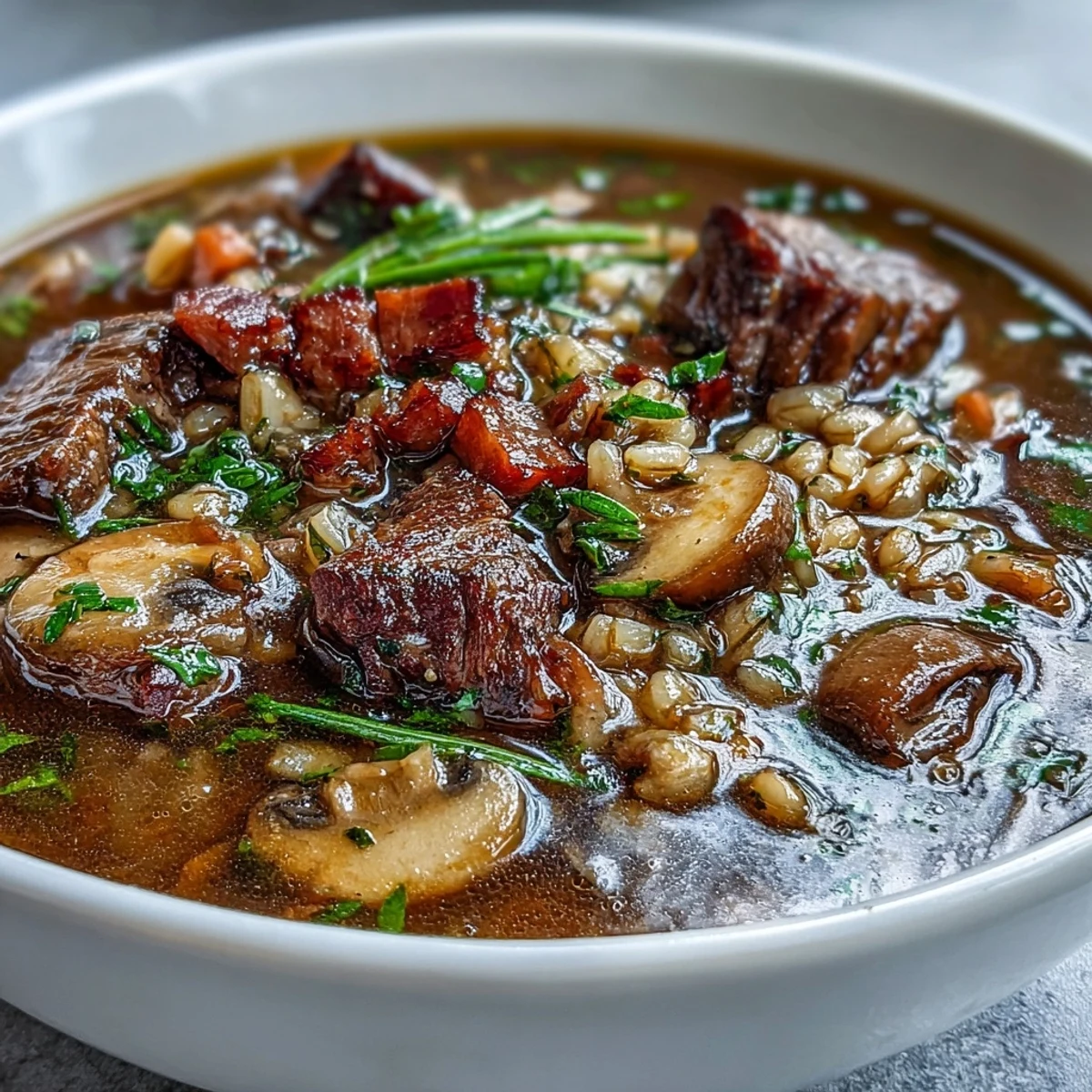 Hearty beef and barley soup with mushrooms steaming in a rustic bowl, garnished with fresh parsley.