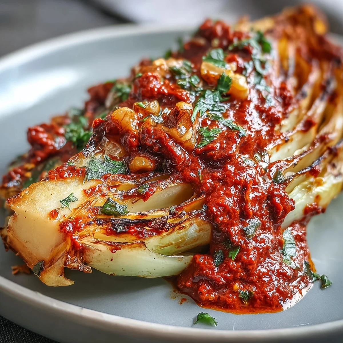 Golden roasted cabbage wedges arranged on a platter, drizzled with vibrant Winter Romesco sauce and fresh parsley garnish.