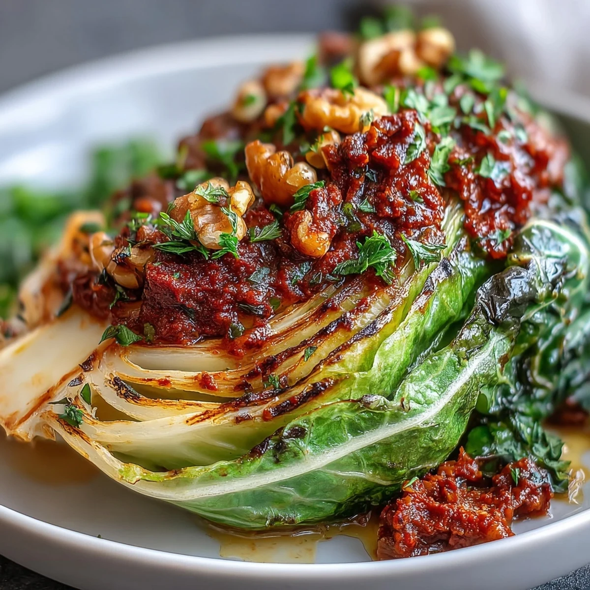 Close-up of a charred cabbage wedge topped with chunky, nutty romesco sauce, showcasing a hearty vegetarian main dish.