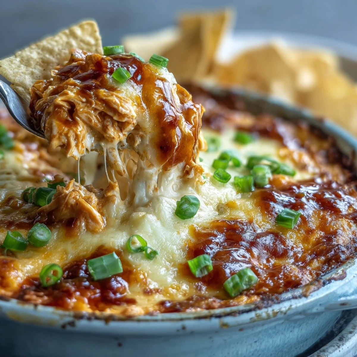 Steaming hot Buffalo Chicken Dip with bubbly golden cheese, served with celery sticks and crisp tortilla chips.