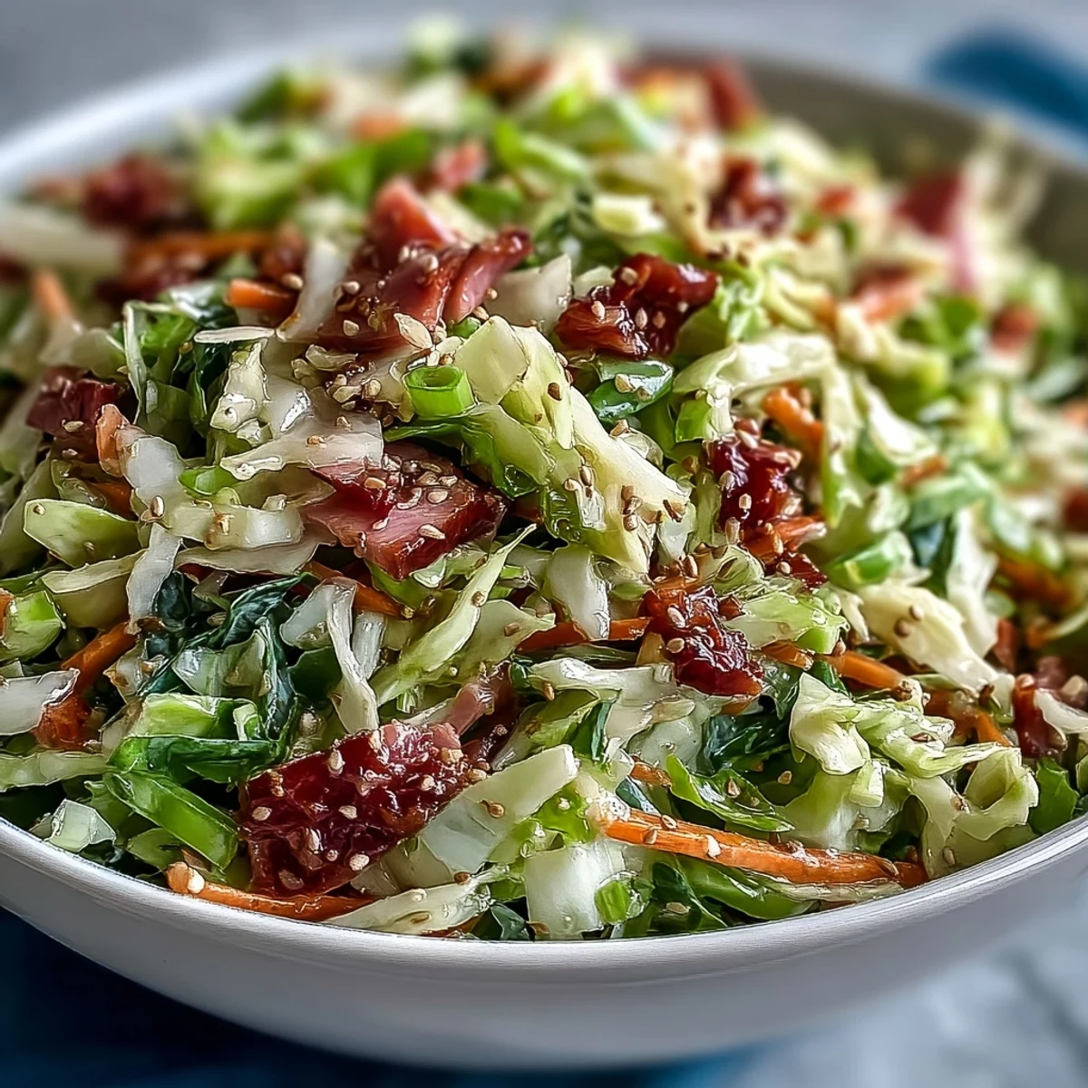 Fork-tender shredded ham and crisp green and red cabbage tossed in a tangy apple cider vinaigrette for an authentic German-style slaw.