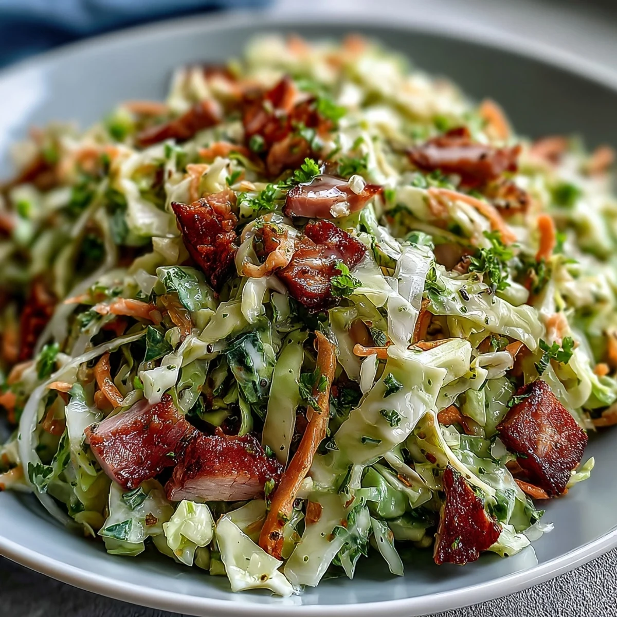 A vibrant German Cabbage Coleslaw with Shredded Ham garnished with fresh parsley, perfect as a gluten-free picnic side dish.