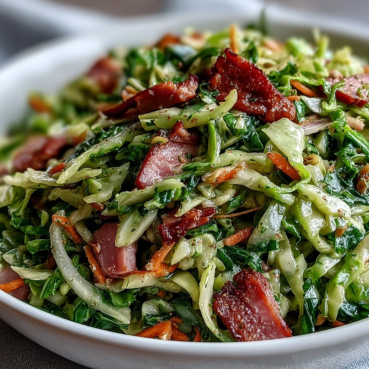 Close-up of a refreshing German Cabbage Coleslaw with Shredded Ham, featuring grated carrots and a zesty, savory dressing.