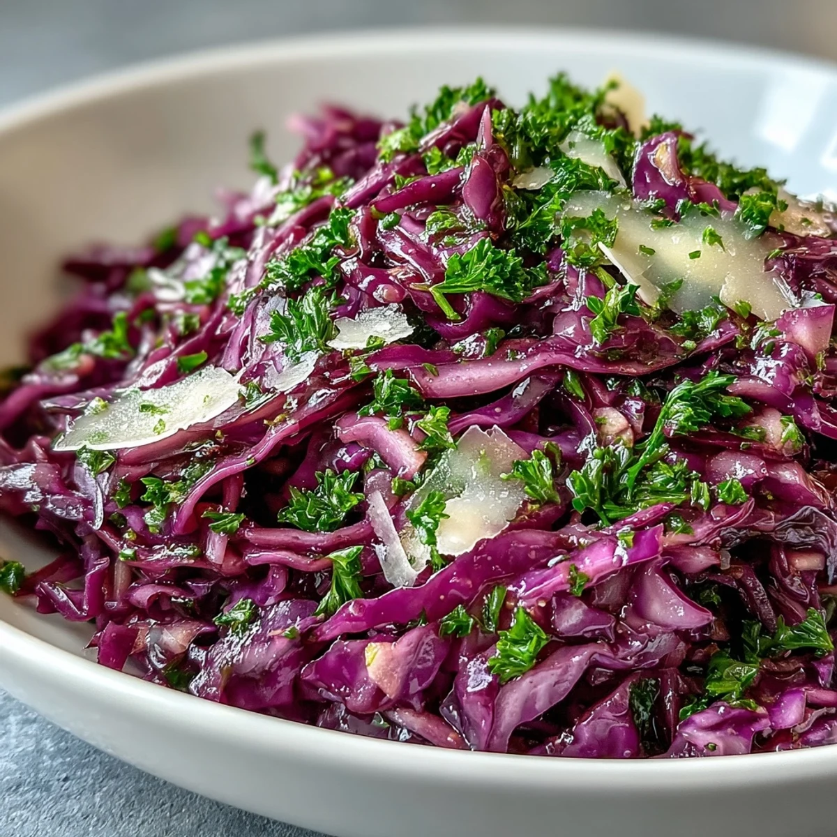 Close-up of Red Cabbage Coleslaw With Apple and Parmesan showing colorful shredded cabbage, sweet apple matchsticks, and savory cheese, served in a rustic white bowl.