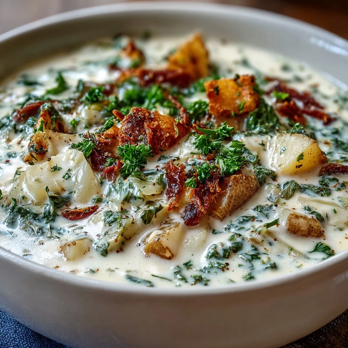 Velvety Creamy Potato Soup with Cabbage ladled into a white bowl, garnished with fresh parsley. 