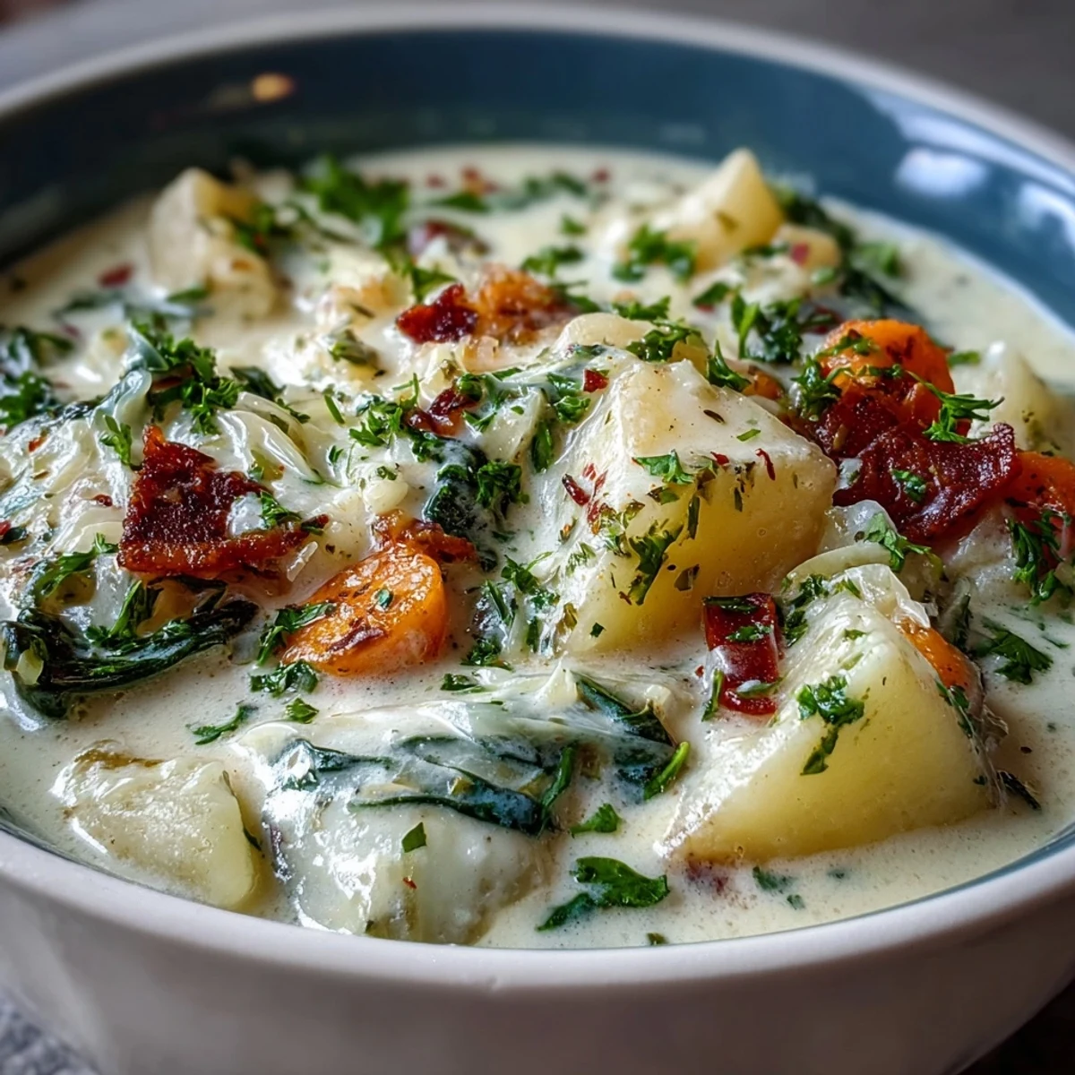 Creamy Potato Soup with Cabbage served hot alongside crusty artisan bread on a rustic table. 