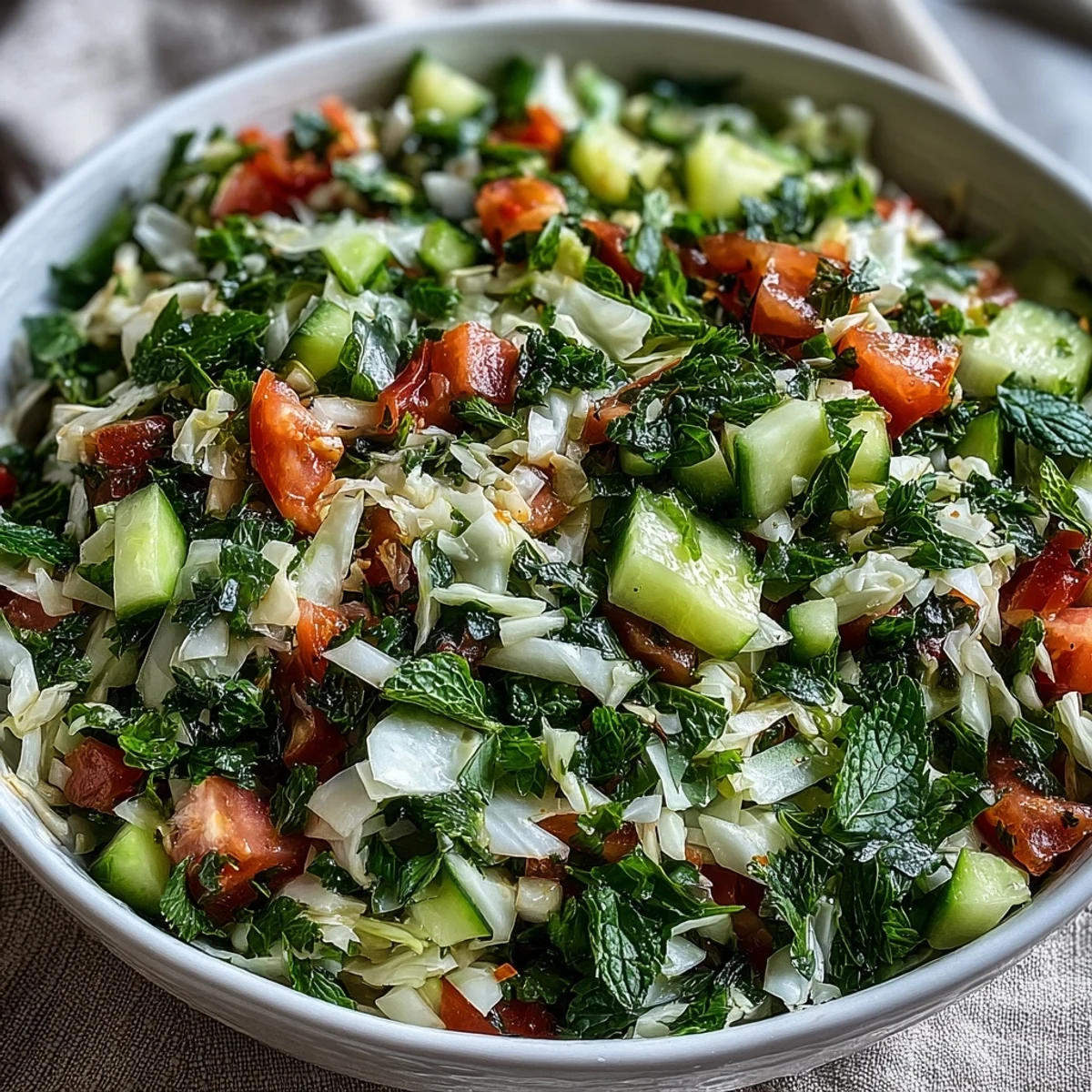 Freshly chopped Lebanese Cabbage Salad in a white bowl, showcasing crisp green cabbage, diced tomato, and cucumber, tossed with parsley and mint. 
