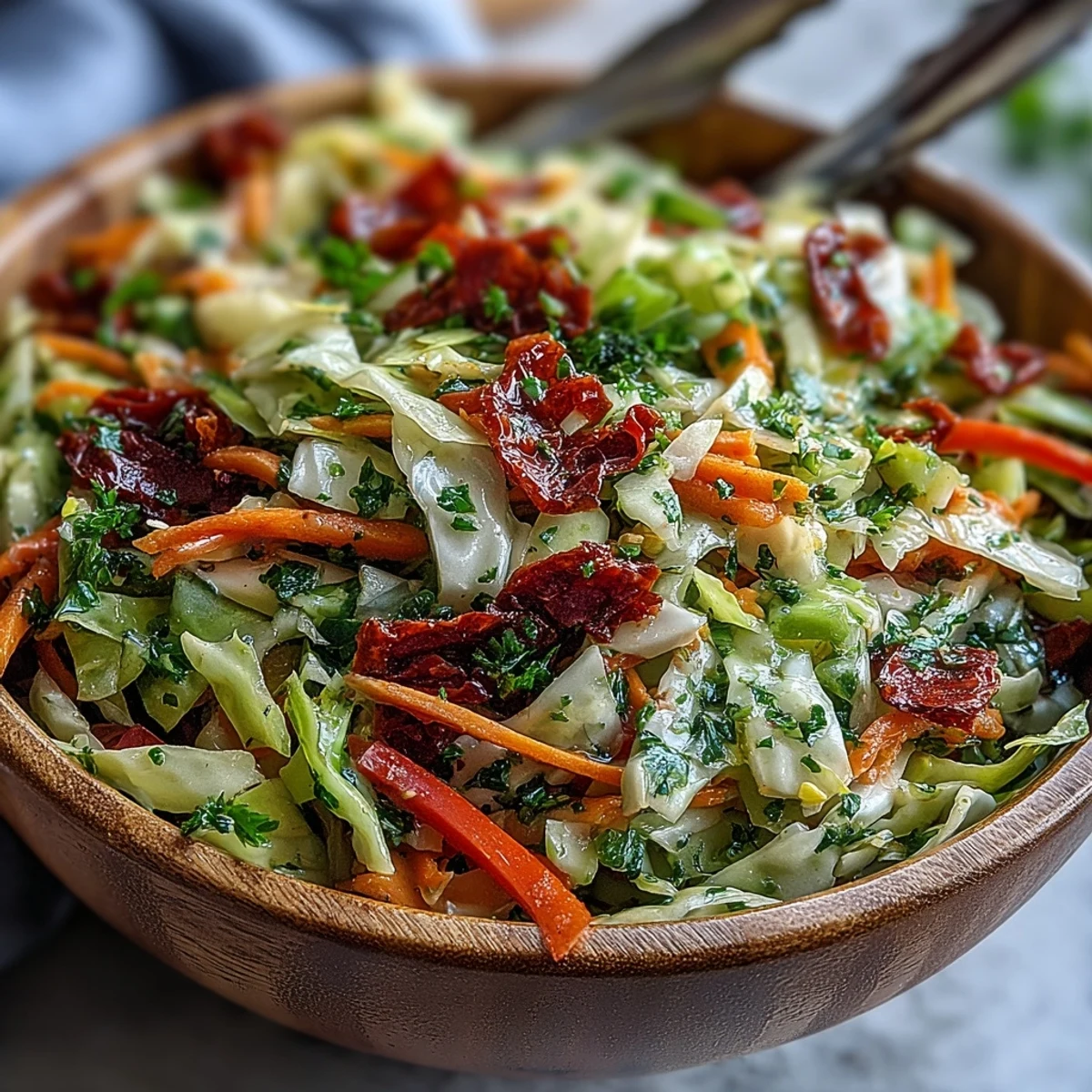 Colorful vegan cabbage salad featuring sun-dried tomatoes, julienned carrots, and green onions on a white plate.