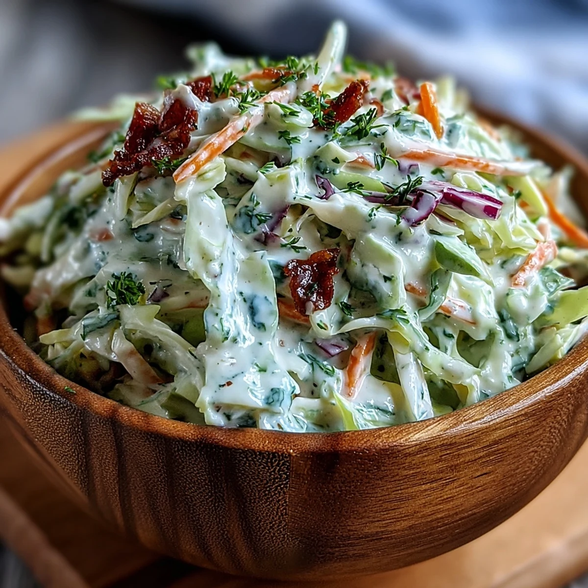 A bowl of creamy coleslaw with shredded red and green cabbage, carrots, and a tangy white dressing, topped with fresh parsley.