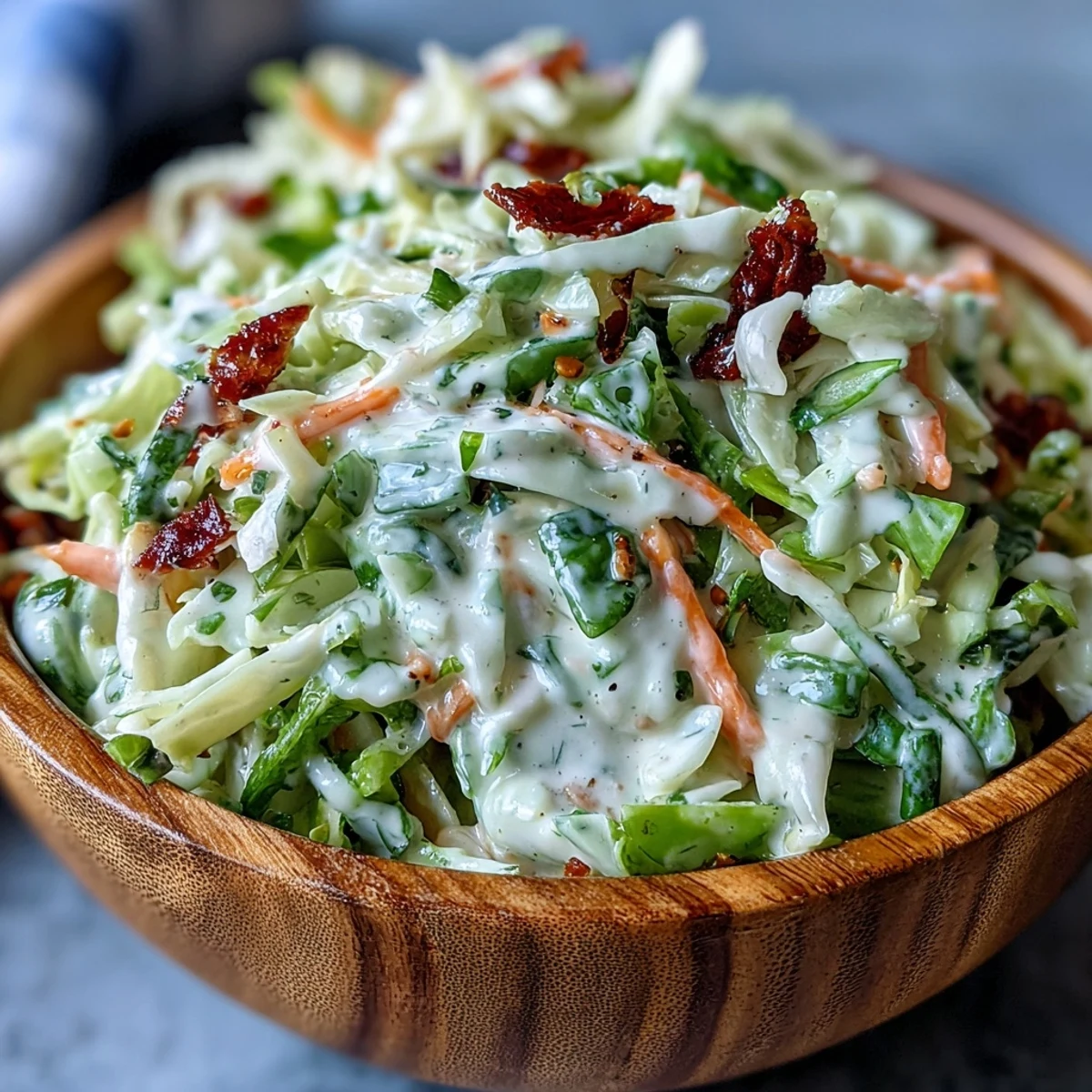 Freshly tossed Coleslaw With Creamy Dressing in a white bowl, featuring crisp cabbage, shredded carrots, and a rich, tangy mayonnaise sauce.
