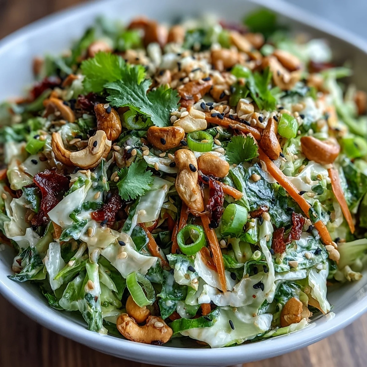 Colorful Asian Cabbage Salad tossed with toasted sesame seeds and cashews, offering a refreshing crunch and zesty lime-ginger flavor.