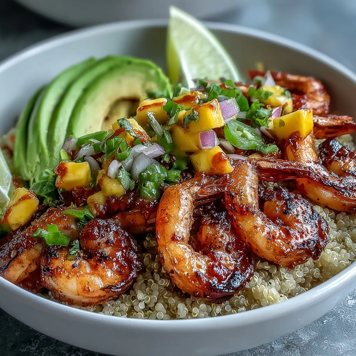 Grilled shrimp and creamy avocado bowl with zesty mango salsa and lime chili sauce, served on fluffy quinoa with fresh cilantro.