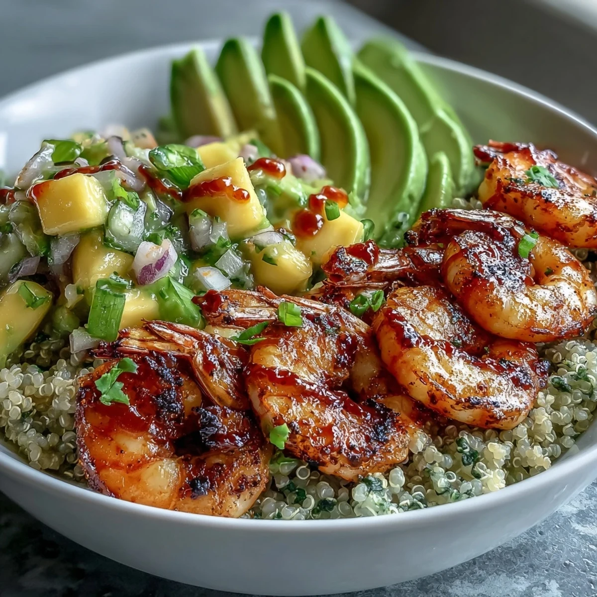 Smoky grilled shrimp, creamy avocado slices, and bright mango salsa come together in this colorful bowl with tangy lime chili sauce drizzle.