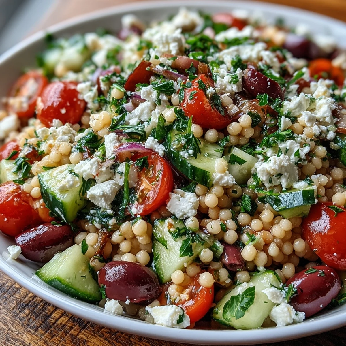 Vibrant bowl of Mediterranean Pearl Couscous featuring halved cherry tomatoes, kalamata olives, and red onion, ready to serve as a refreshing vegetarian lunch or side.