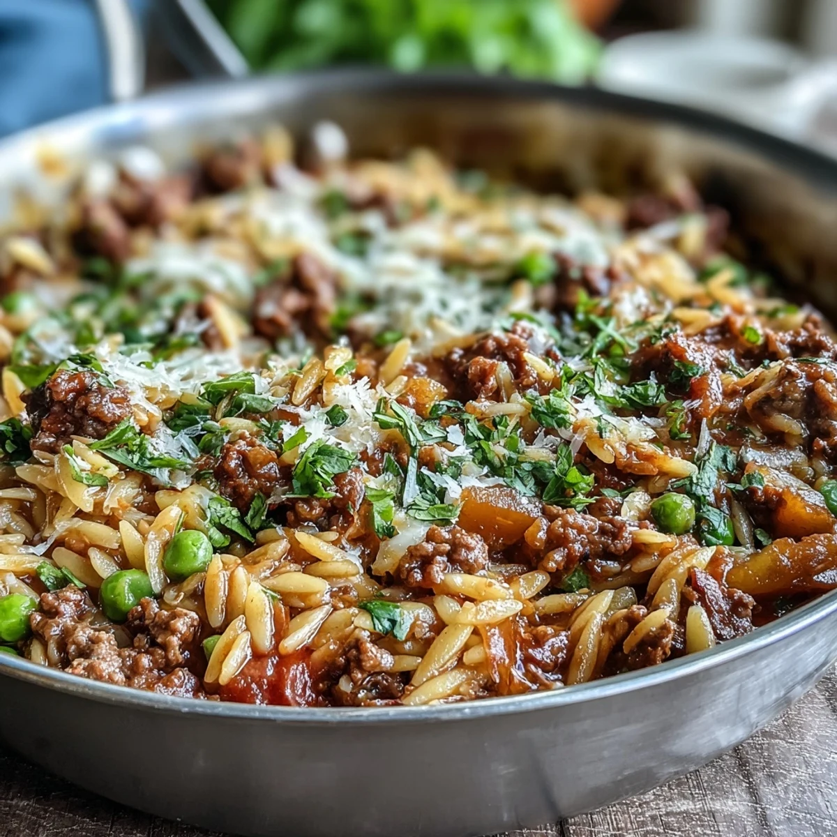 Cozy ground beef orzo dinner garnished with fresh parsley and Parmesan, steam rising from the hearty, one-skillet meal.