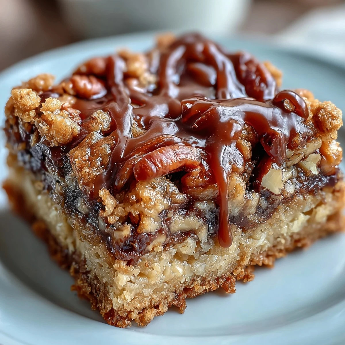 Rich chocolate and sticky caramel swirl through toasted pecans in Decadent Sweet and Chewy Turtle Bars with Chocolate and Caramel.